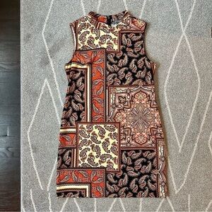Sharagano Orange and Black Paisley Stretch High Neck Sleeveless Shift Dress